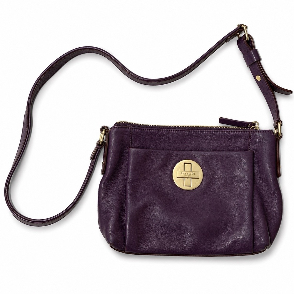 Vtg Kate Spade Bag Crossbody Purple Leather Twist Lock Polka Dot Lining